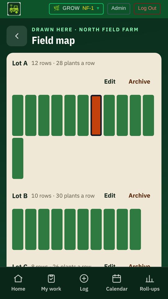 Field map: Tap a row: plants, length, what is next, any problem flagged.